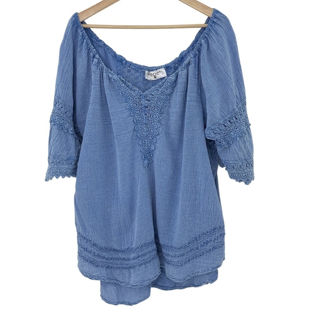 Karim Plus Sz Blue 100%‎ Organic Cotton Embroidered Boho Western Sustainable XXL
